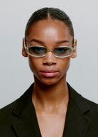 Worn front-on by a model with the lenses on