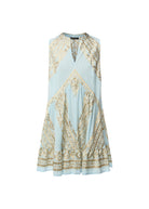 Flat ghost shot, trapeze silhouette with mandarin collar keyhole neckline