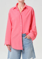 Agolde Sona shirt in Fontana stripe candy red, button-front cotton silhouette