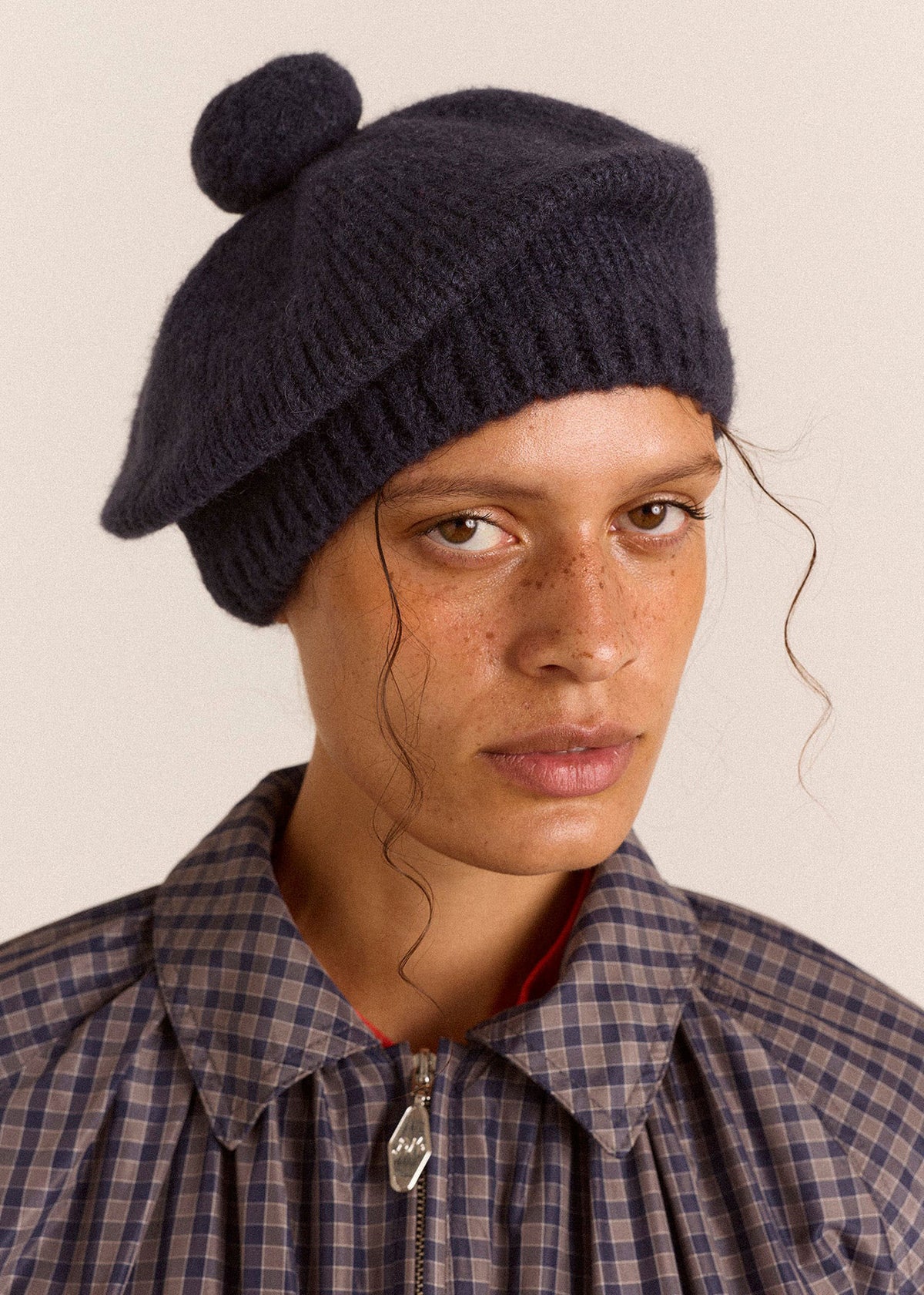 Damson Madder Knitted Pom Pom Beret - Navy