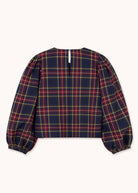 Flat back view, plain check back panel with keyhole opening and gathered cuffs