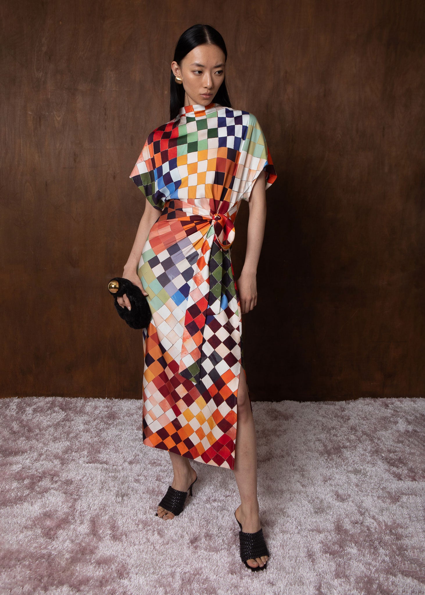 VI.VE.RE Rabia Mosaic Print Silk Tie Dress