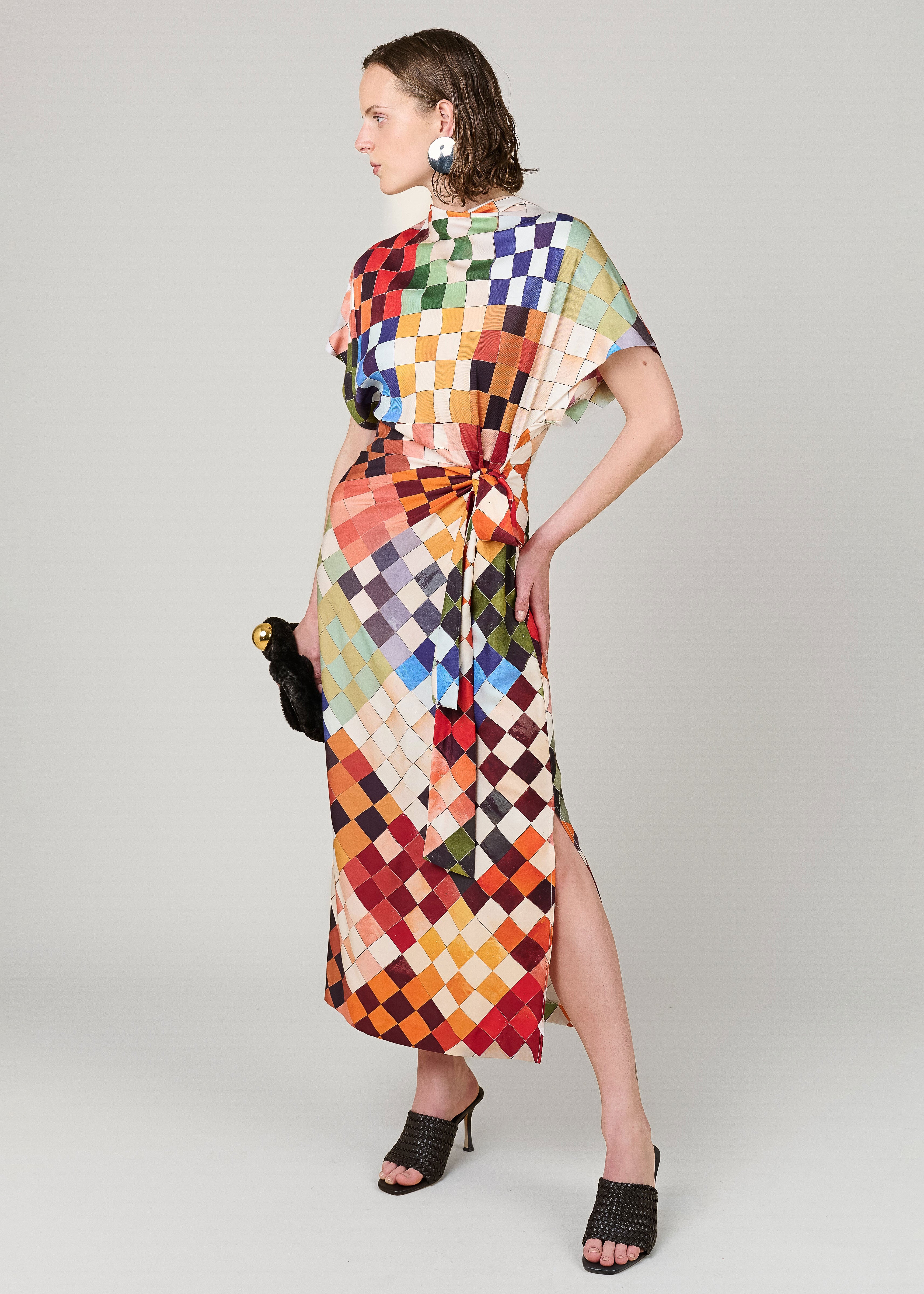VI.VE.RE Rabia Mosaic Print Silk Tie Dress