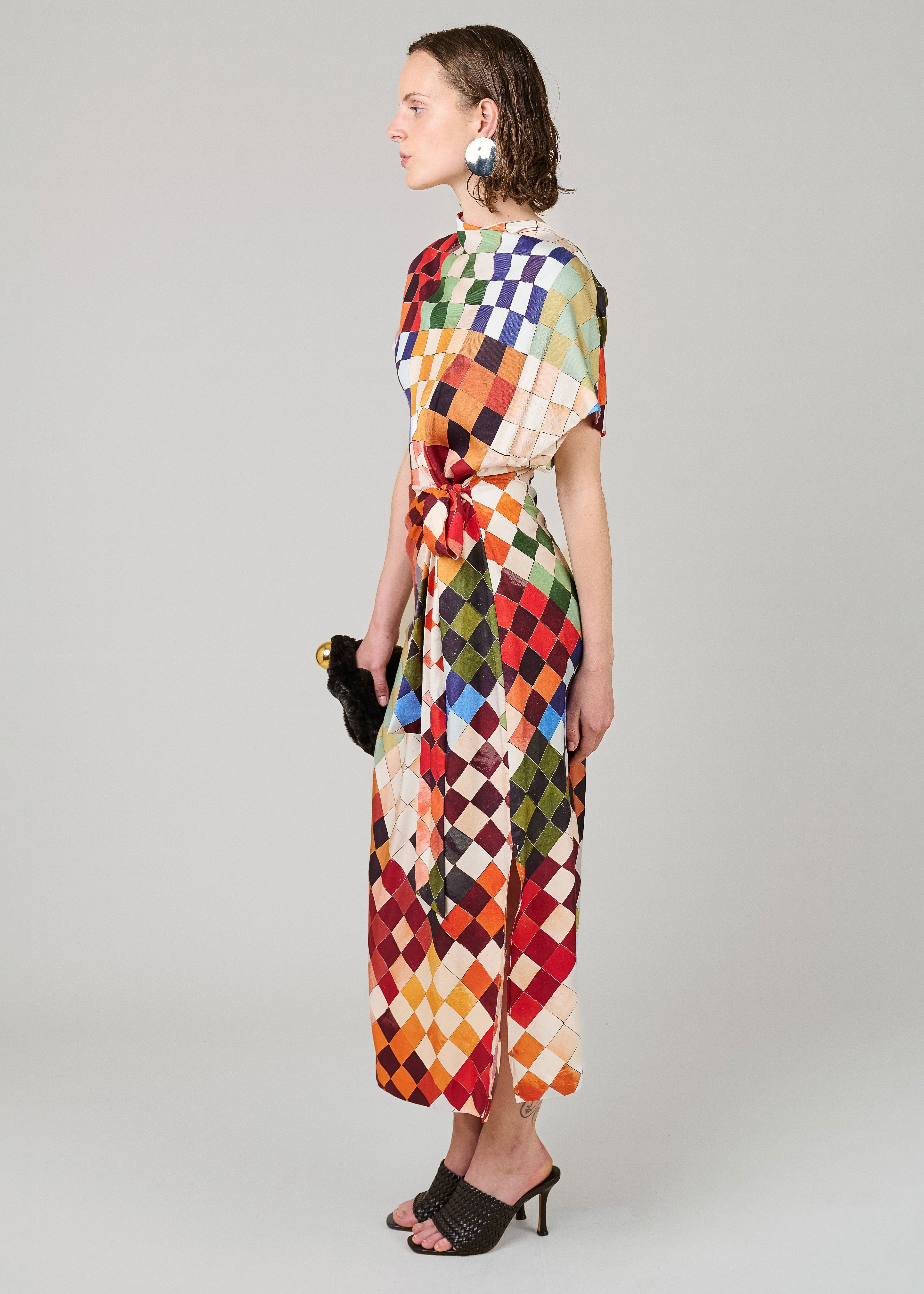 VI.VE.RE Rabia Mosaic Print Silk Tie Dress