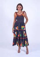 New Day Originals Amore tiered midi dress in black with Japanese fan print