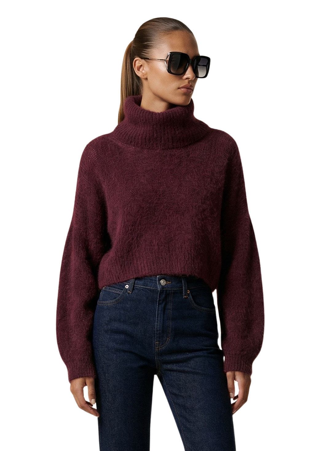 American Dreams Andrea Rollneck Cropped Alpaca Pullover - Bordeaux