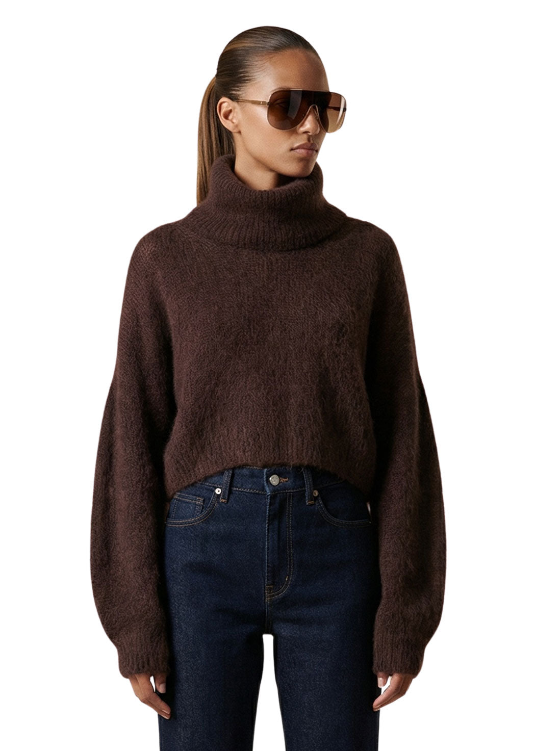 American Dreams Andrea Rollneck Cropped Alpaca Pullover - Cocoa