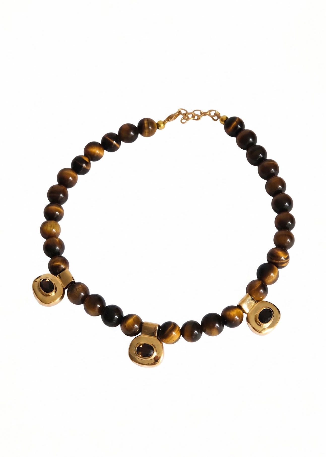By Alona By Alona Bernadette necklace, tigers eye beads with three Maeve smoky quartz charms