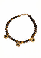 By Alona Bernadette necklace, tigers eye beads with three Maeve smoky quartz charms