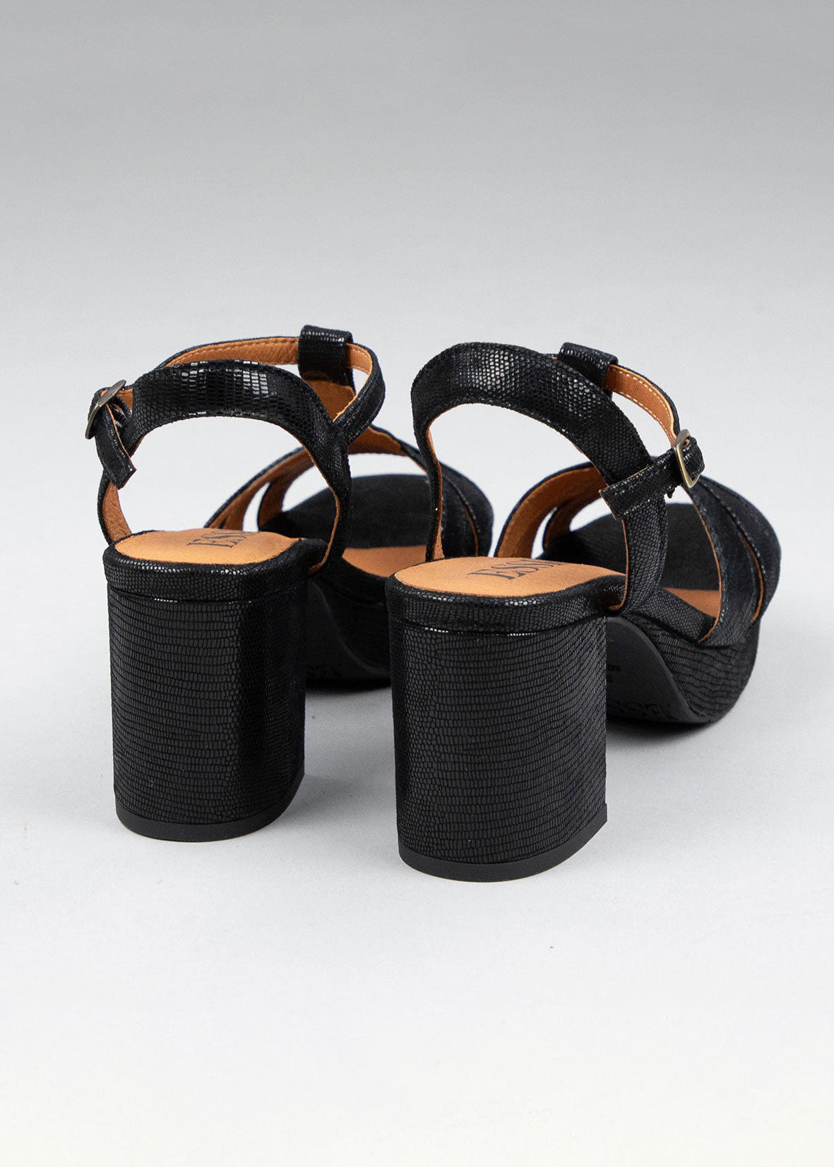 Esska Charlie Mid Heel T-Bar Sandal - Metallic Black