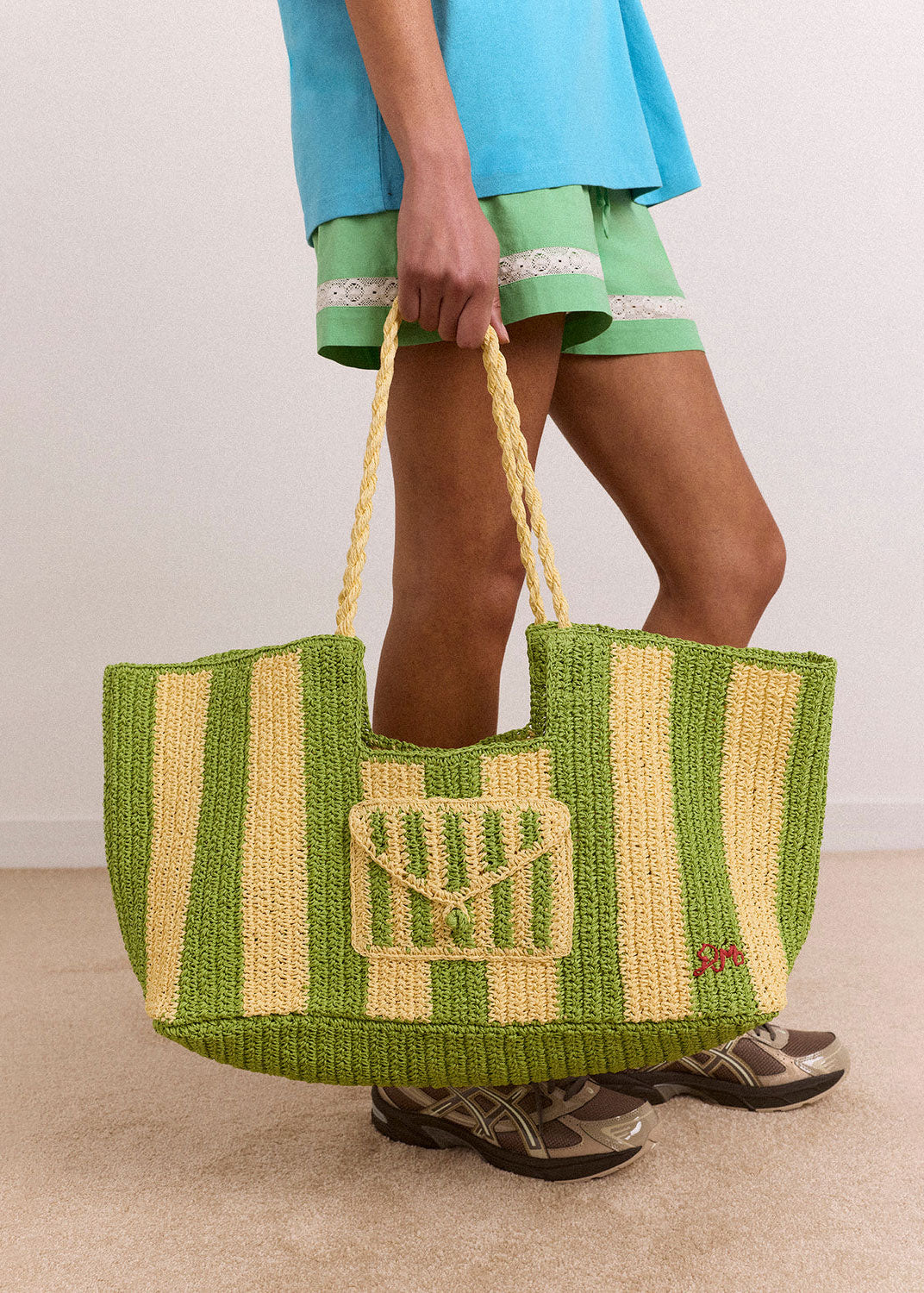 Damson Madder Orla Oversized Raffia Beach Bag - Apple Stripe