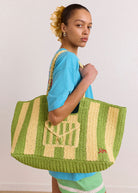 Damson Madder Orla oversized raffia beach tote in apple stripe, plaited rope handles