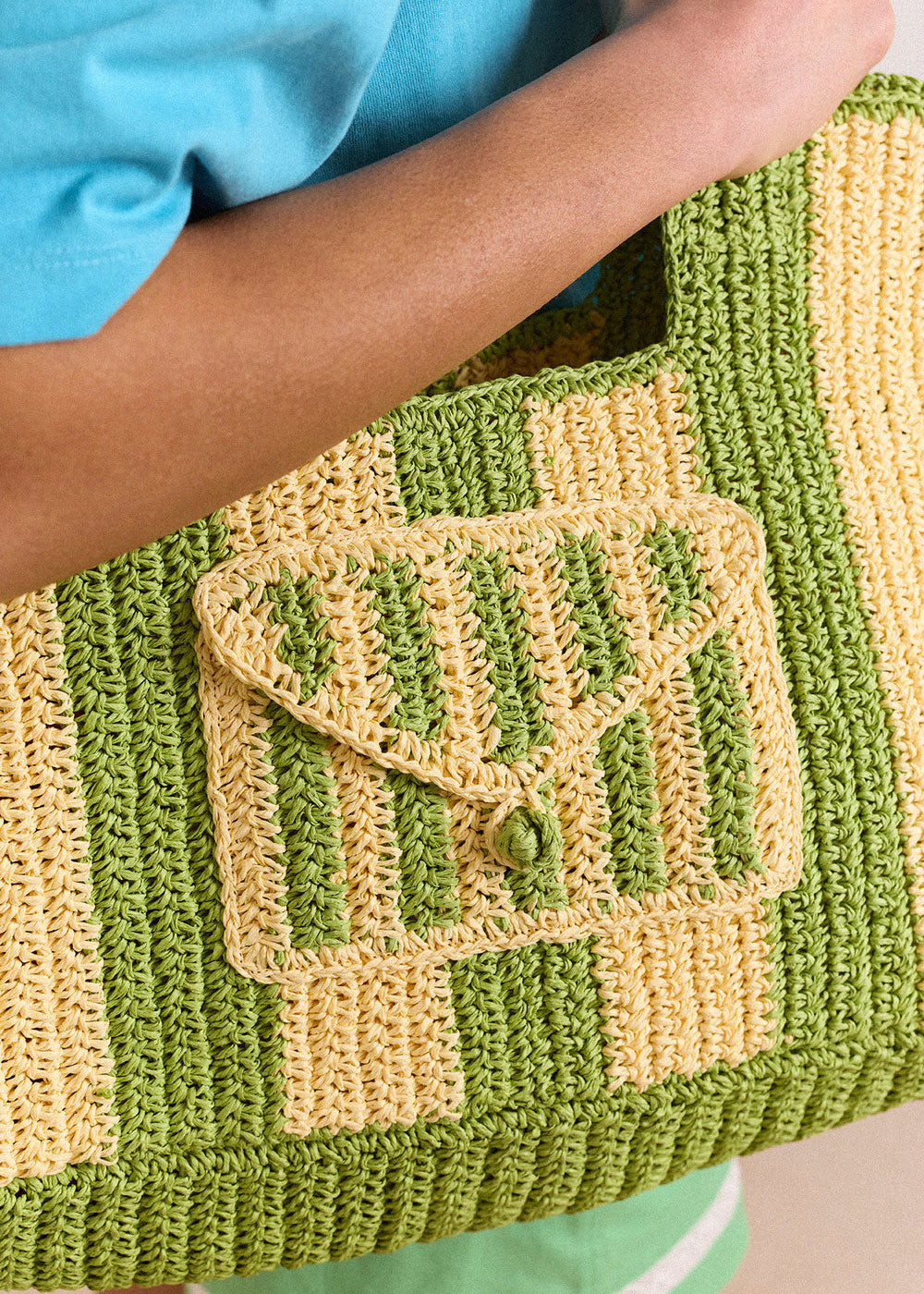 Damson Madder Close-up of the crochet flap pocket with single button closure