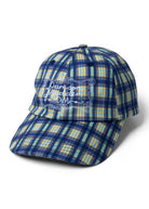 Top-down view, six-panel construction in blue tomboy check