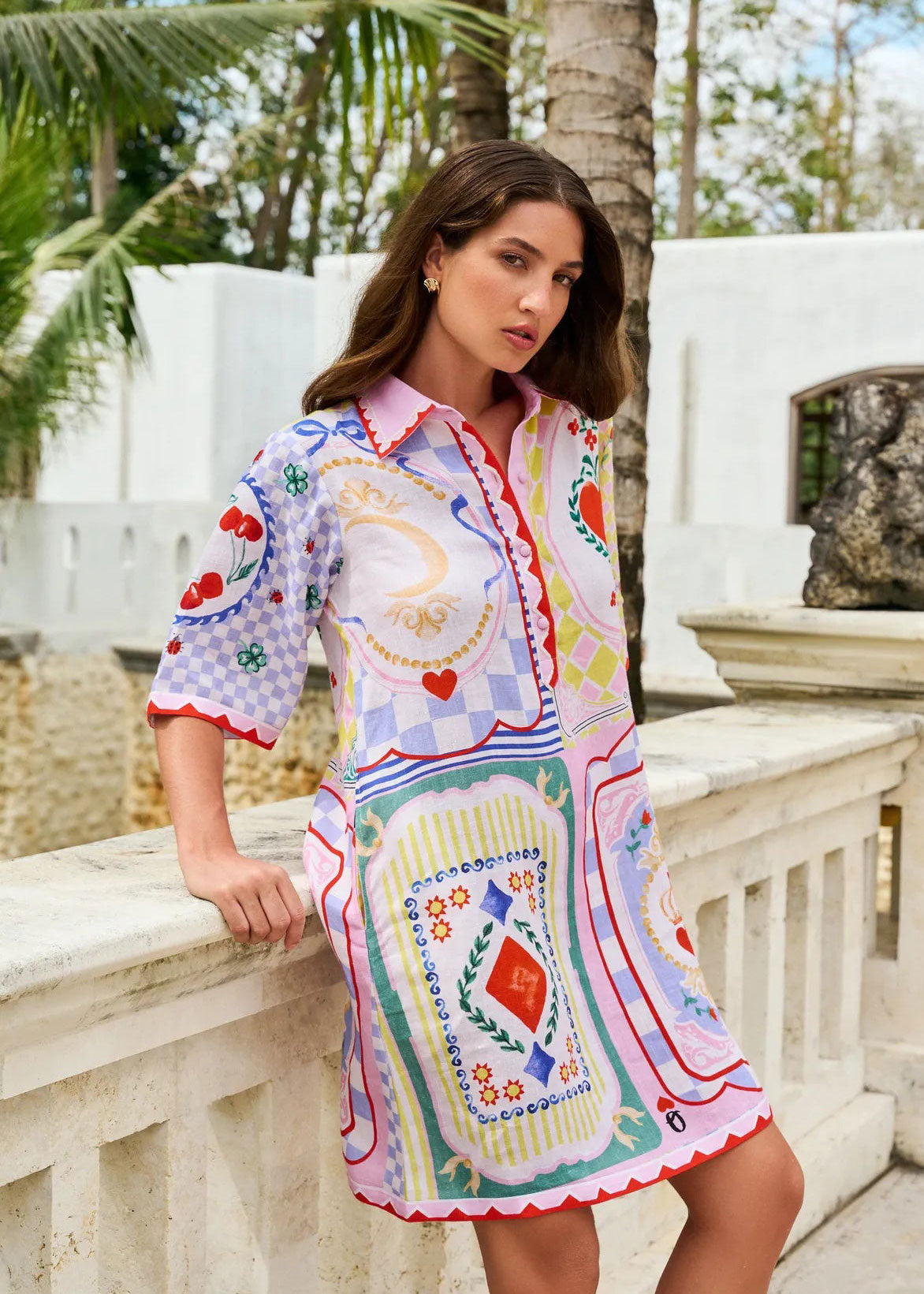 NOIB NOIB Amara mini dress in tarot print, linen-lyocell with pink scalloped collar