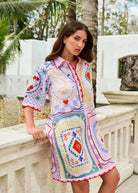 NOIB Amara mini dress in tarot print, linen-lyocell with pink scalloped collar