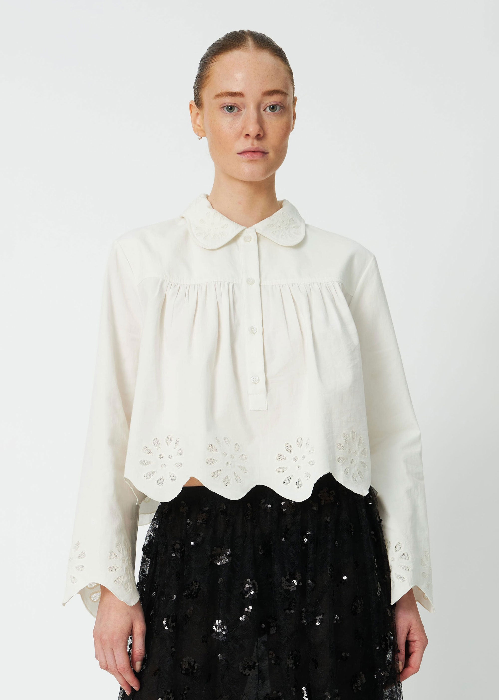 Stella Nova Cropped Blouse with Embroidery Anglaise - White