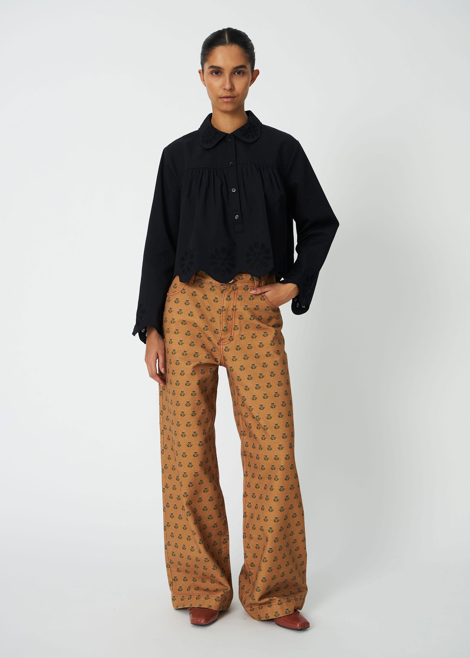Stella Nova Cropped Blouse with Embroidery Anglaise - Black