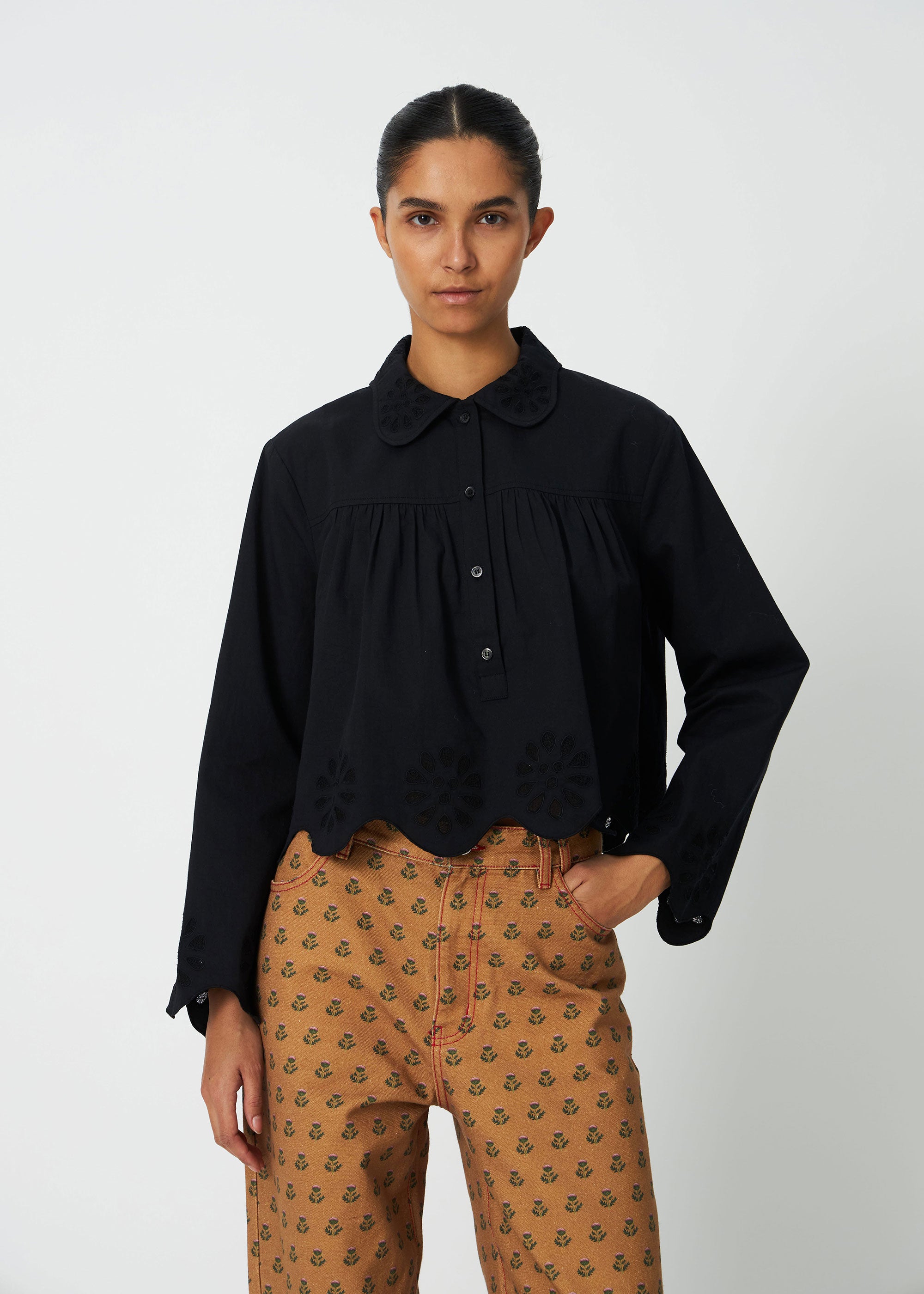 Stella Nova Cropped Blouse with Embroidery Anglaise - Black