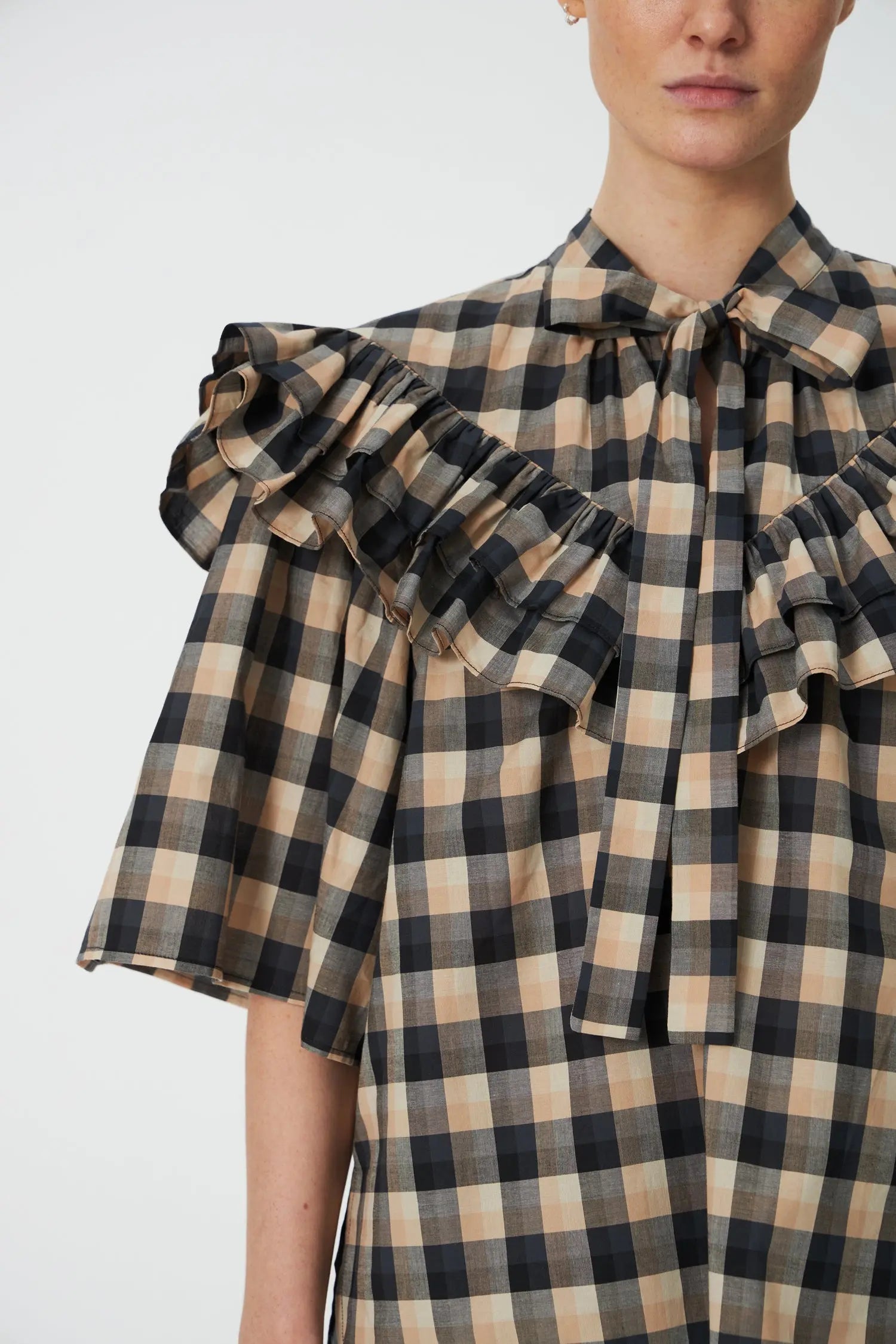 Stella Nova Frill Checked Blouse - Beige/Black Checks