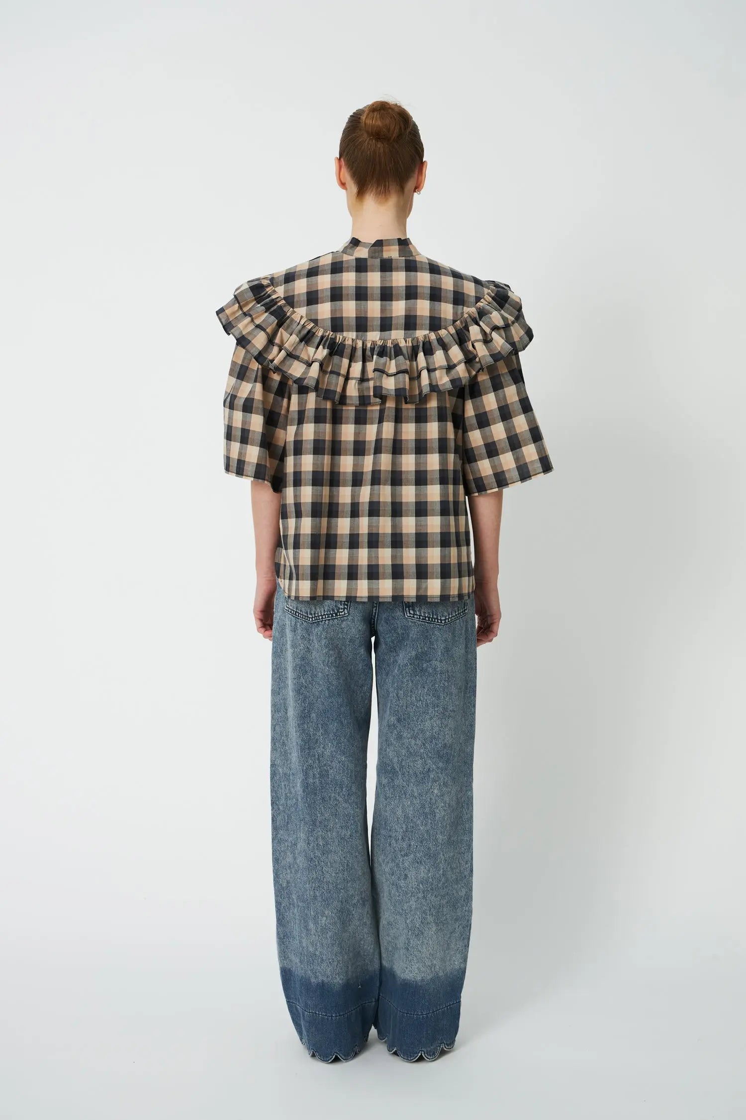 Stella Nova Frill Checked Blouse - Beige/Black Checks