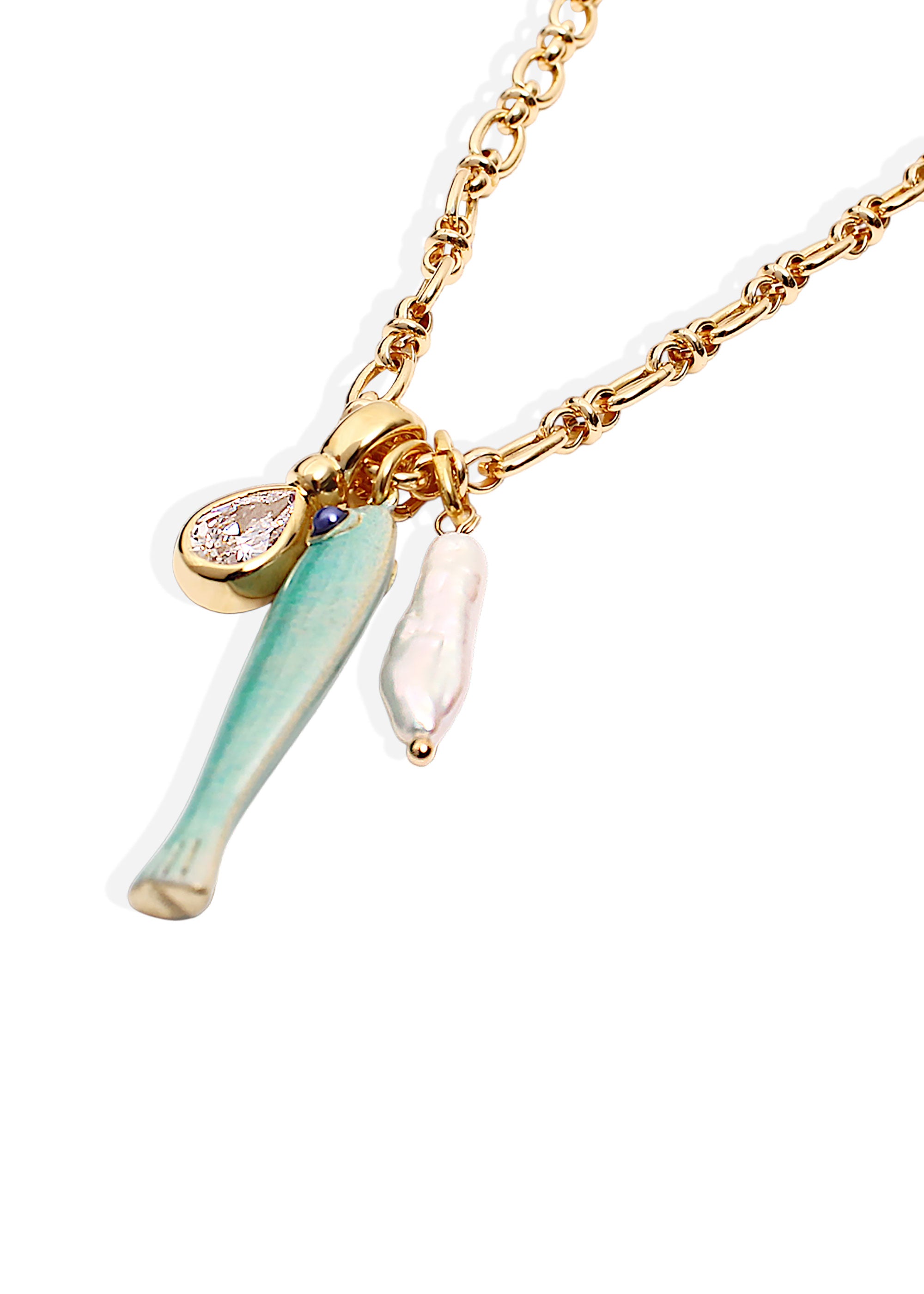 By Alona Close-up of the aqua enamel fish charm and pear-cut CZ