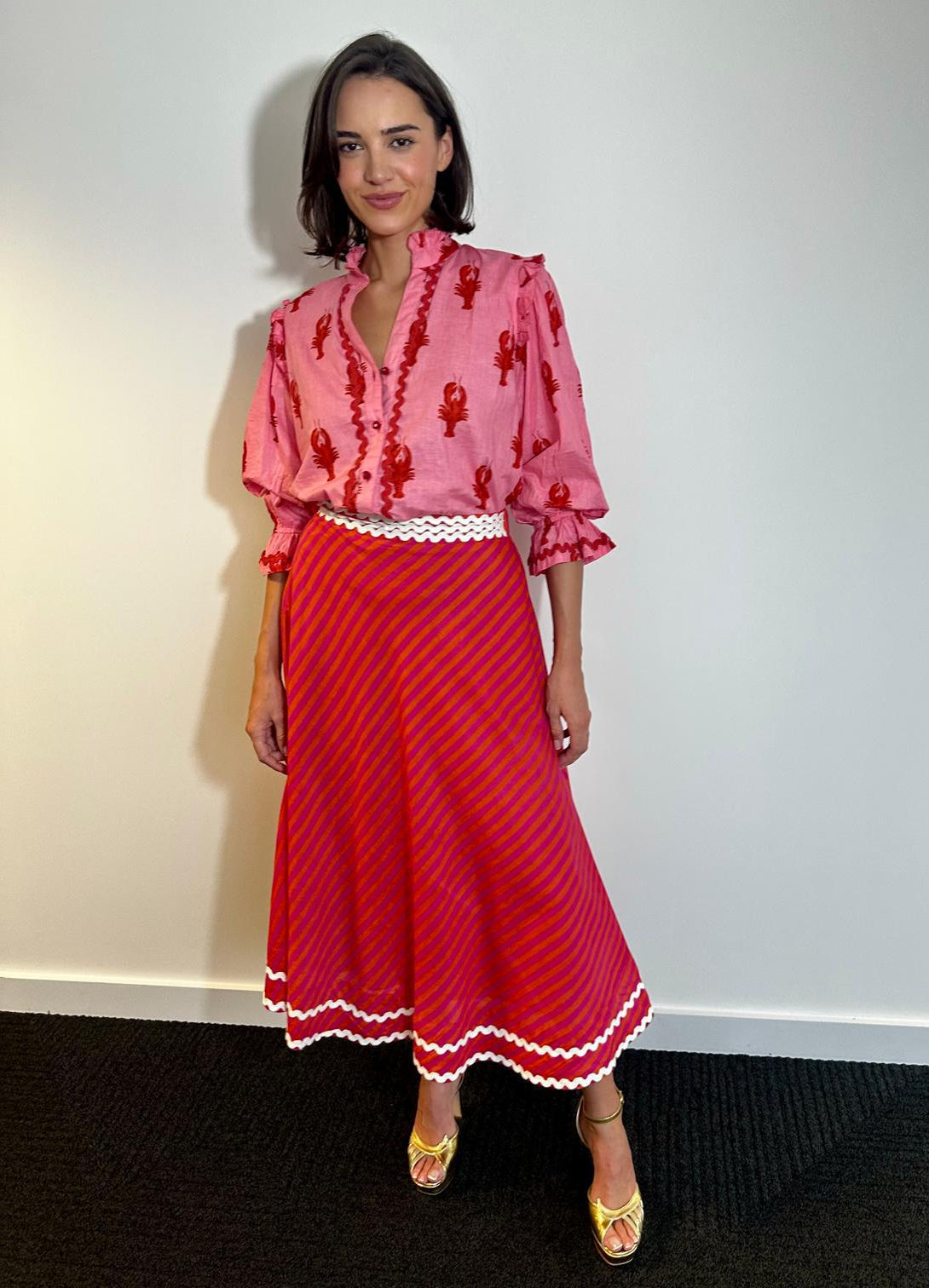New Day Originals New Day Originals Feather A-line midi skirt in orange and pink stripe with ric-rac trim