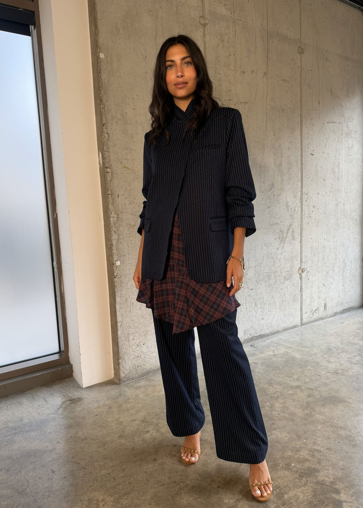 Never Fully Dressed Pinstripe Fold Over Blazer