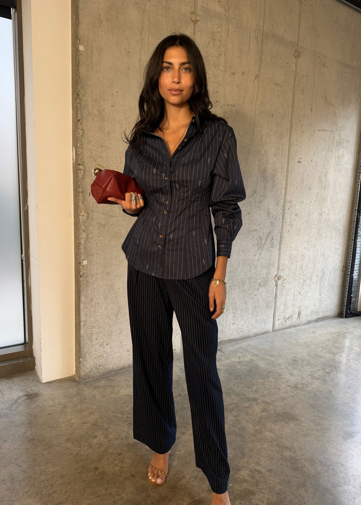 Never Fully Dressed Navy Pinstripe Arden Trousers