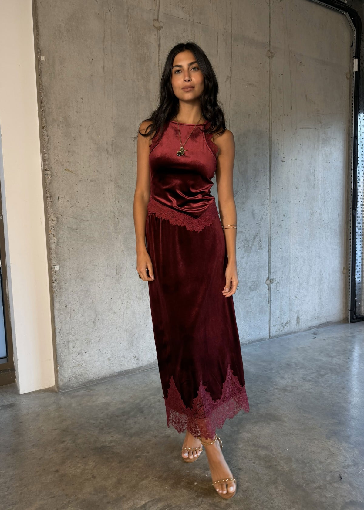 Never Fully Dressed Never Fully Dressed Maeva skirt in burgundy velvet, lace trimmed midi hem