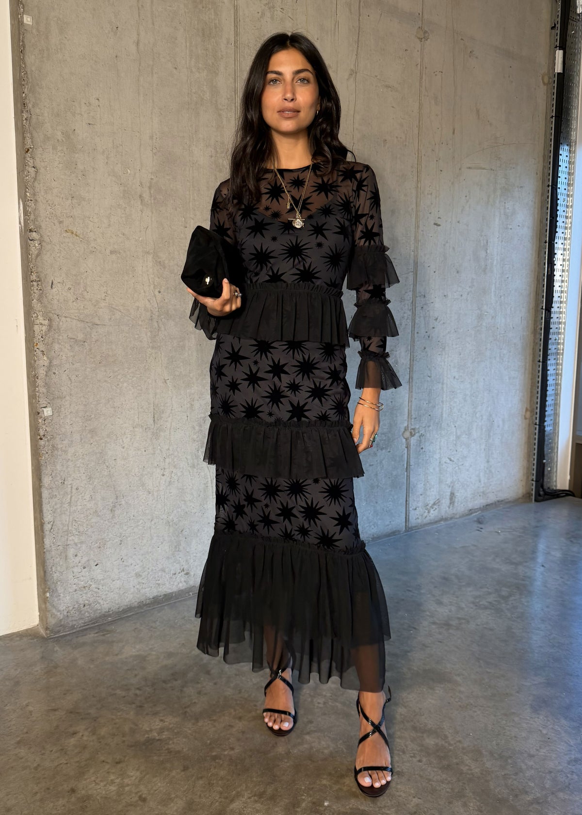 Never Fully Dressed Styled with black velvet clutch and strappy sandals against concrete