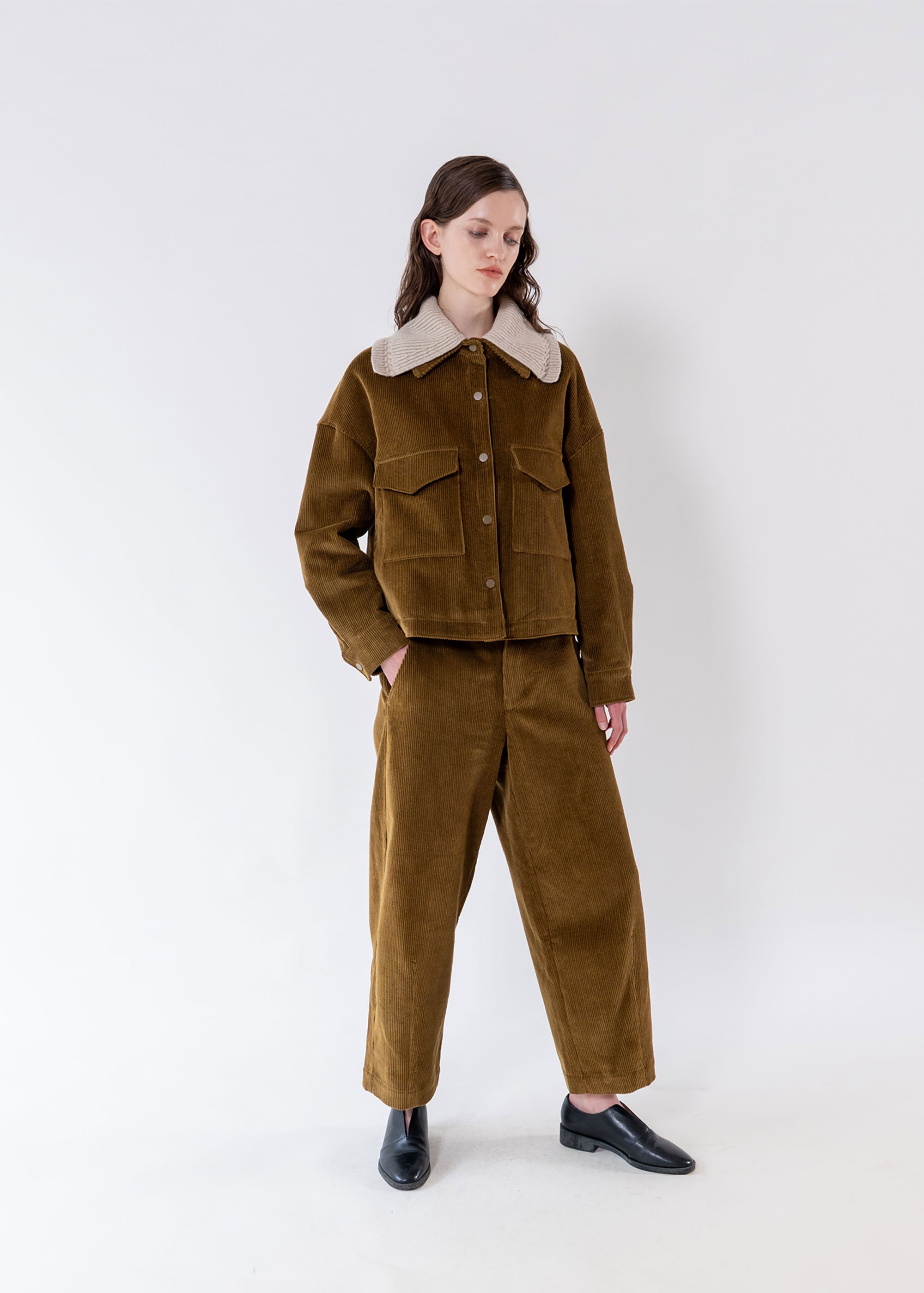 Emin and Paul Olive Structured Corduroy Trousers
