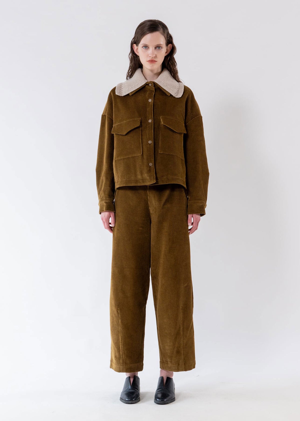 Emin and Paul Olive Detachable Knit-Collar Corduroy Jacket