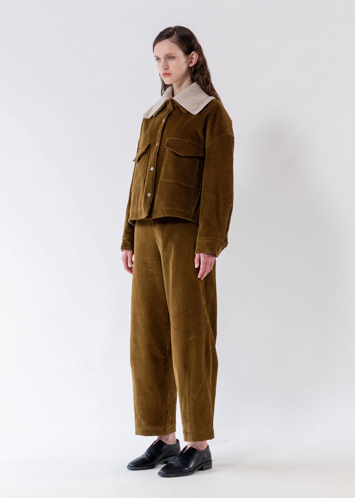 Emin and Paul Olive Detachable Knit-Collar Corduroy Jacket