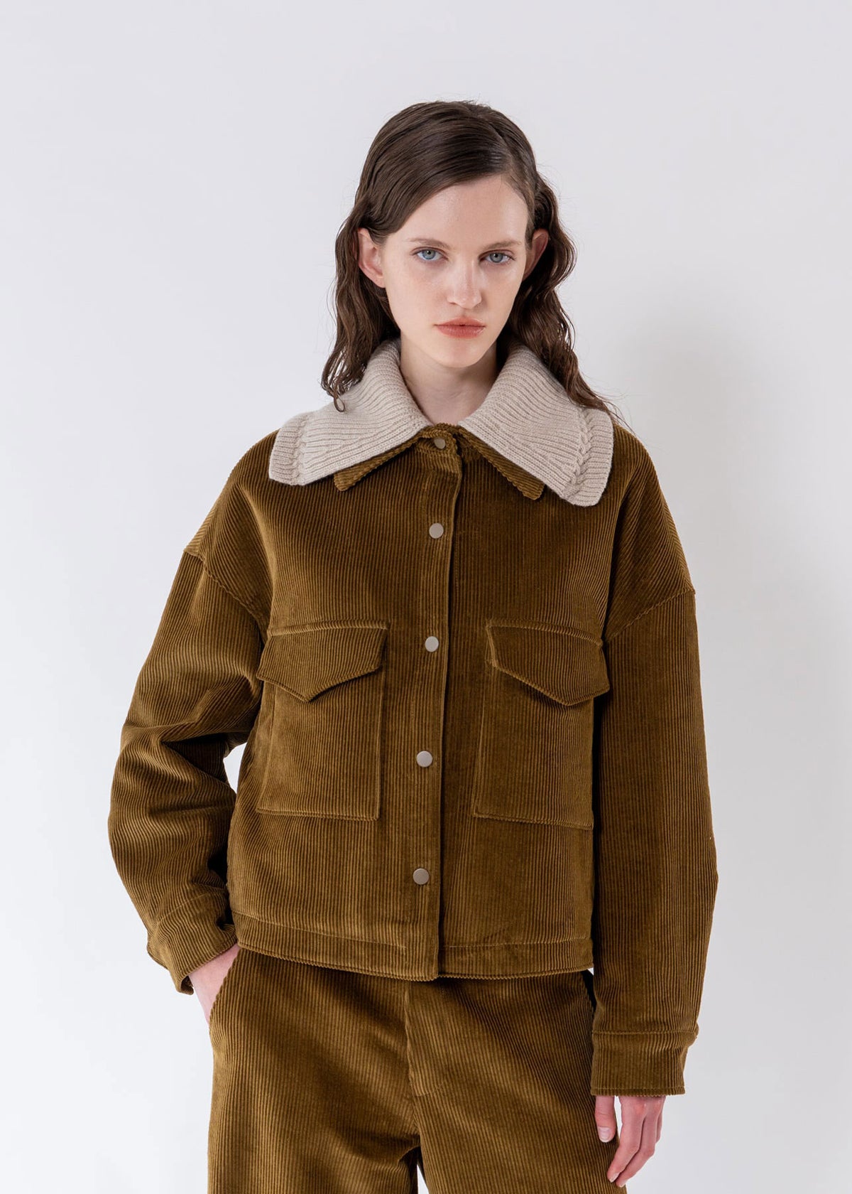 Emin and Paul Olive Detachable Knit-Collar Corduroy Jacket