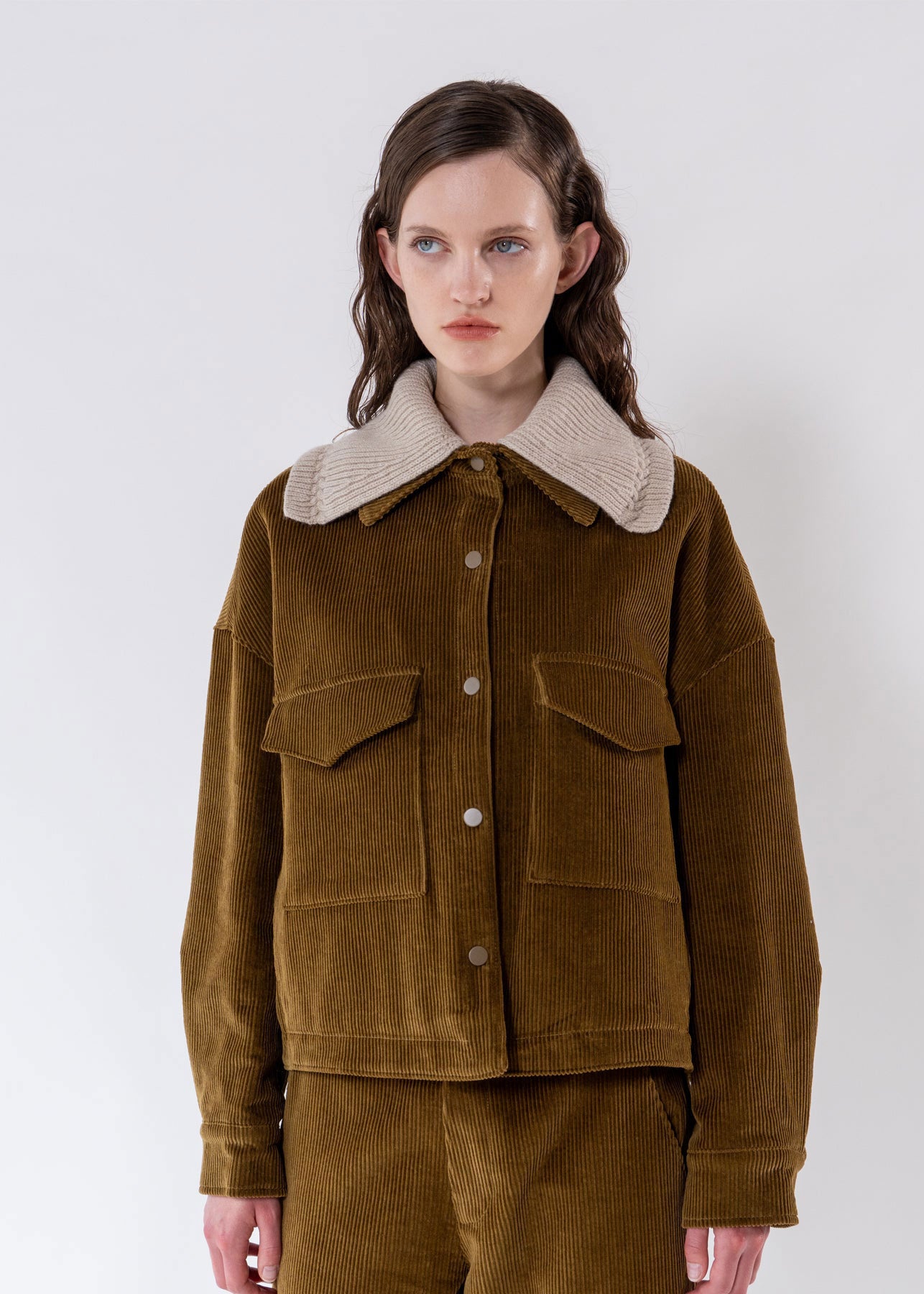 Emin and Paul Olive Detachable Knit-Collar Corduroy Jacket