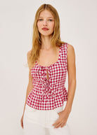 Rails Jonah top in red picnic check gingham, ladder-tie front with peplum hem