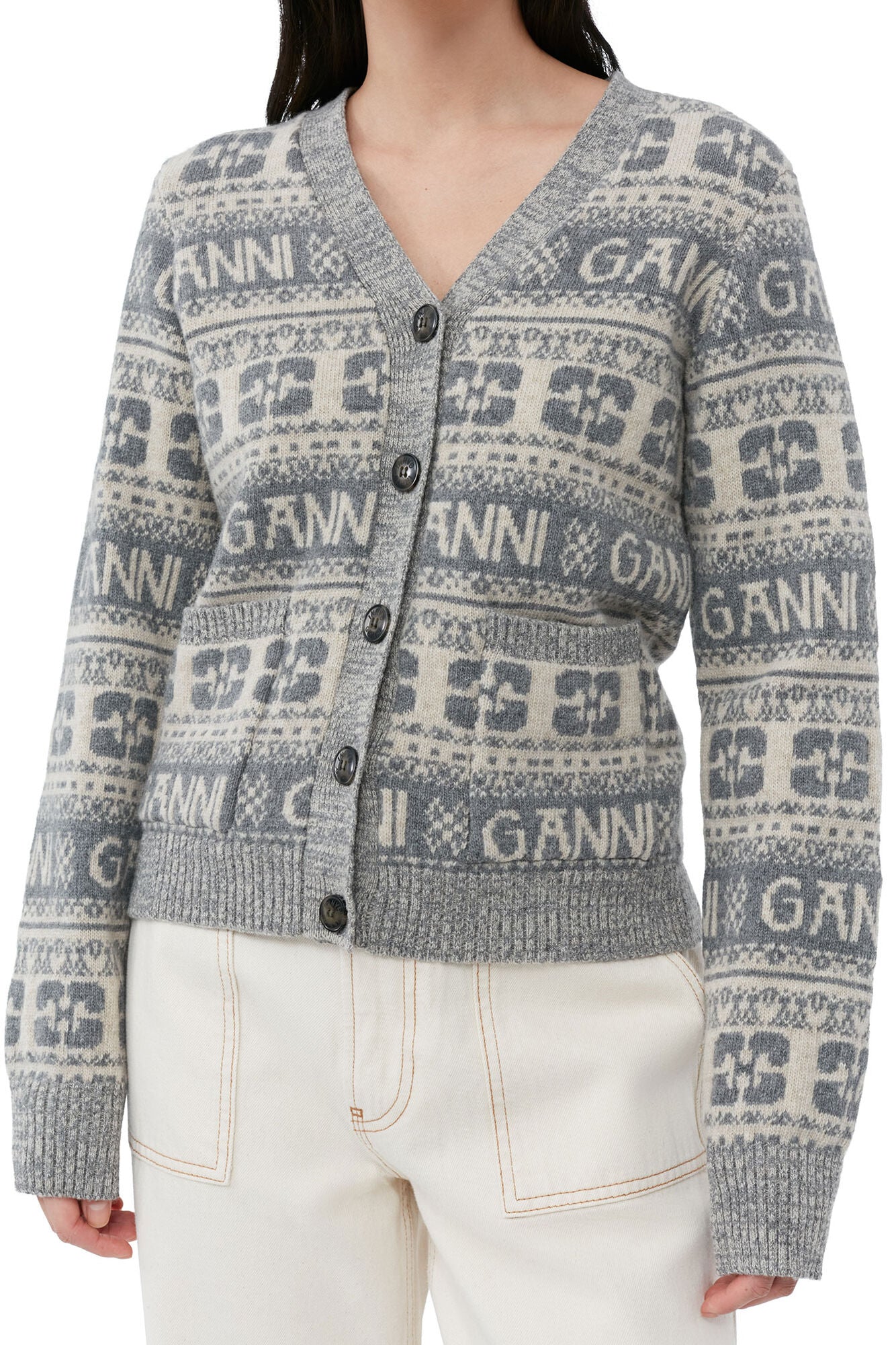 GANNI - Logo Wool Mix Cardigan Frost