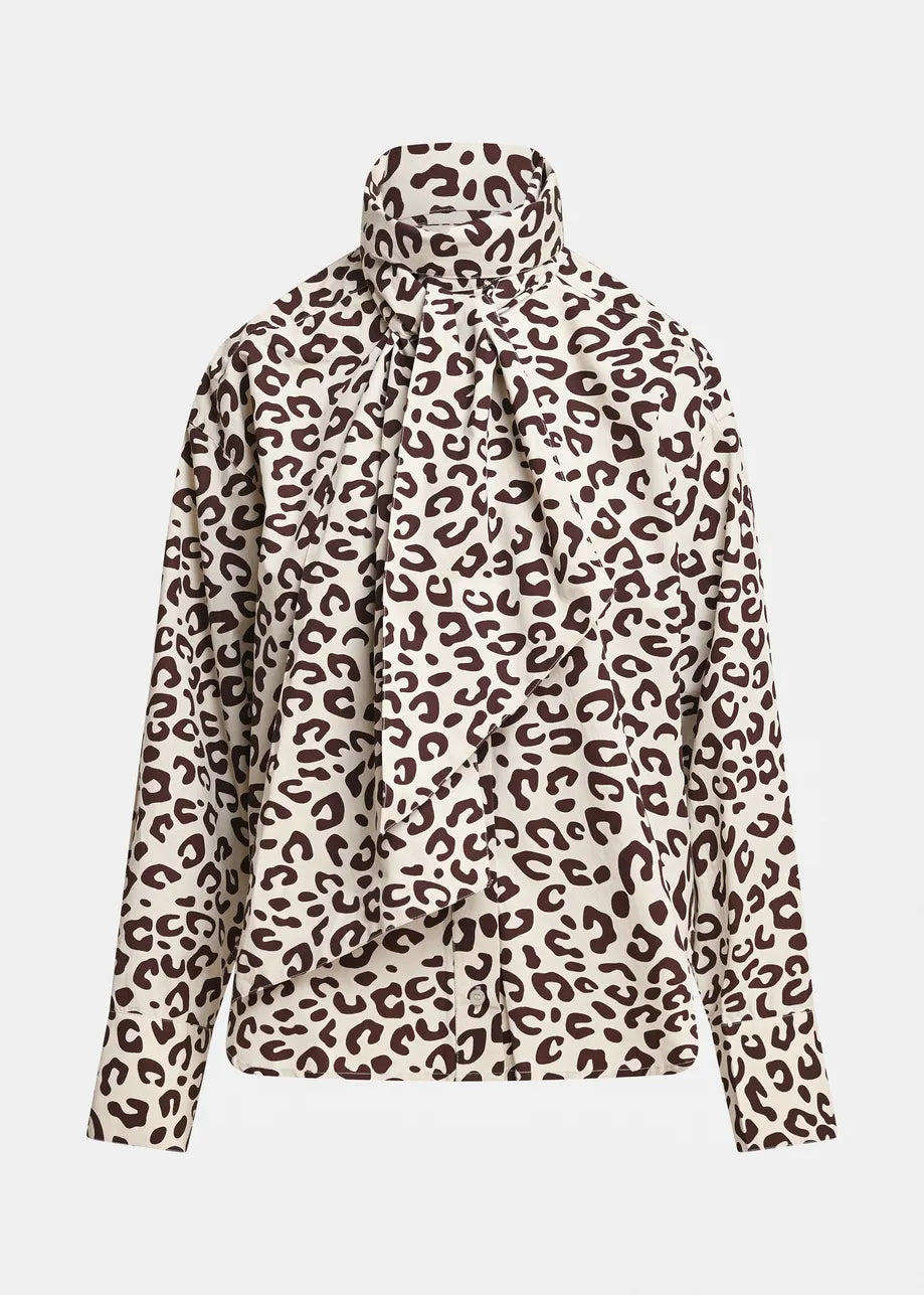 Essentiel Antwerp Khalessi Leopard Pussy-Bow Shirt - Brown