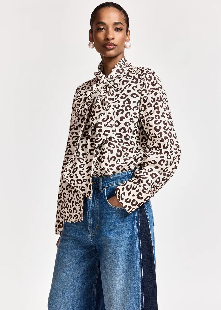 Essentiel Antwerp Khalessi Leopard Pussy-Bow Shirt - Brown