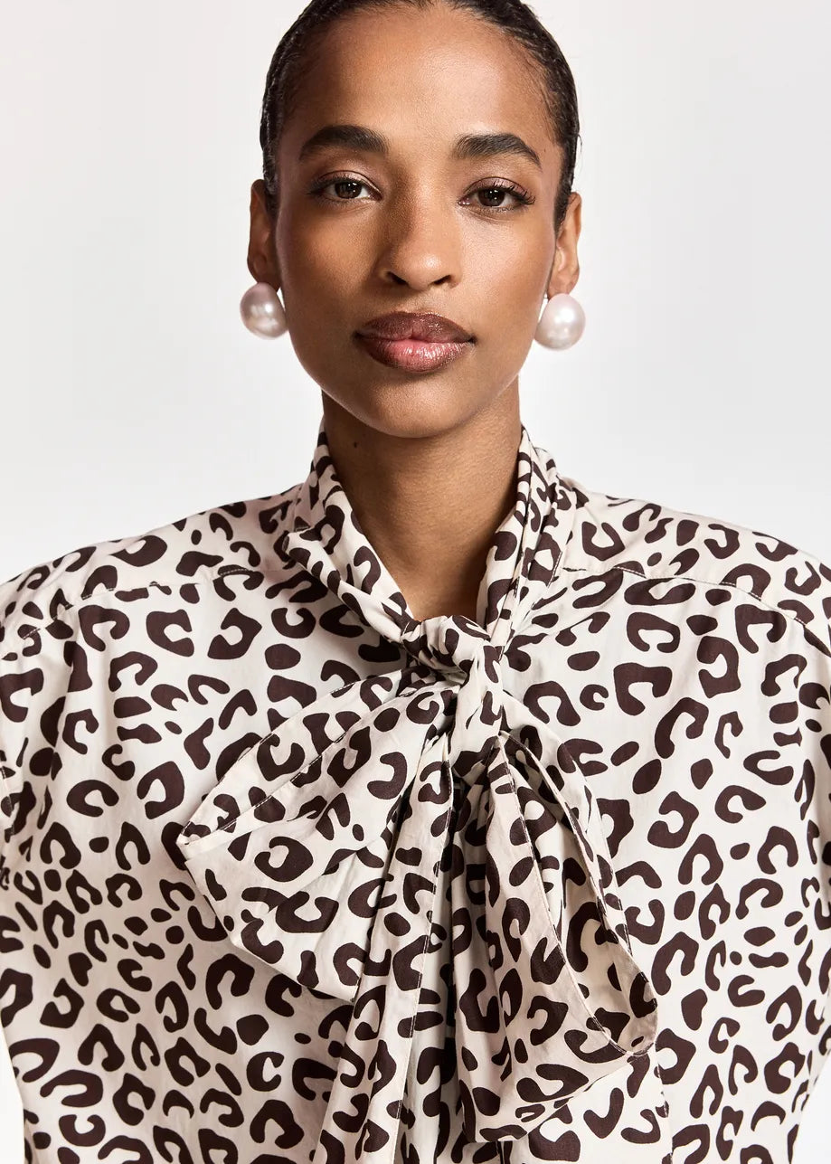 Essentiel Antwerp Khalessi Leopard Pussy-Bow Shirt - Brown