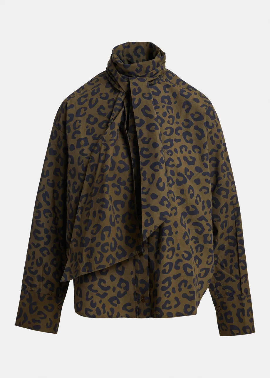 Essentiel Antwerp Khalessi Leopard Pussy-Bow Shirt - Khaki