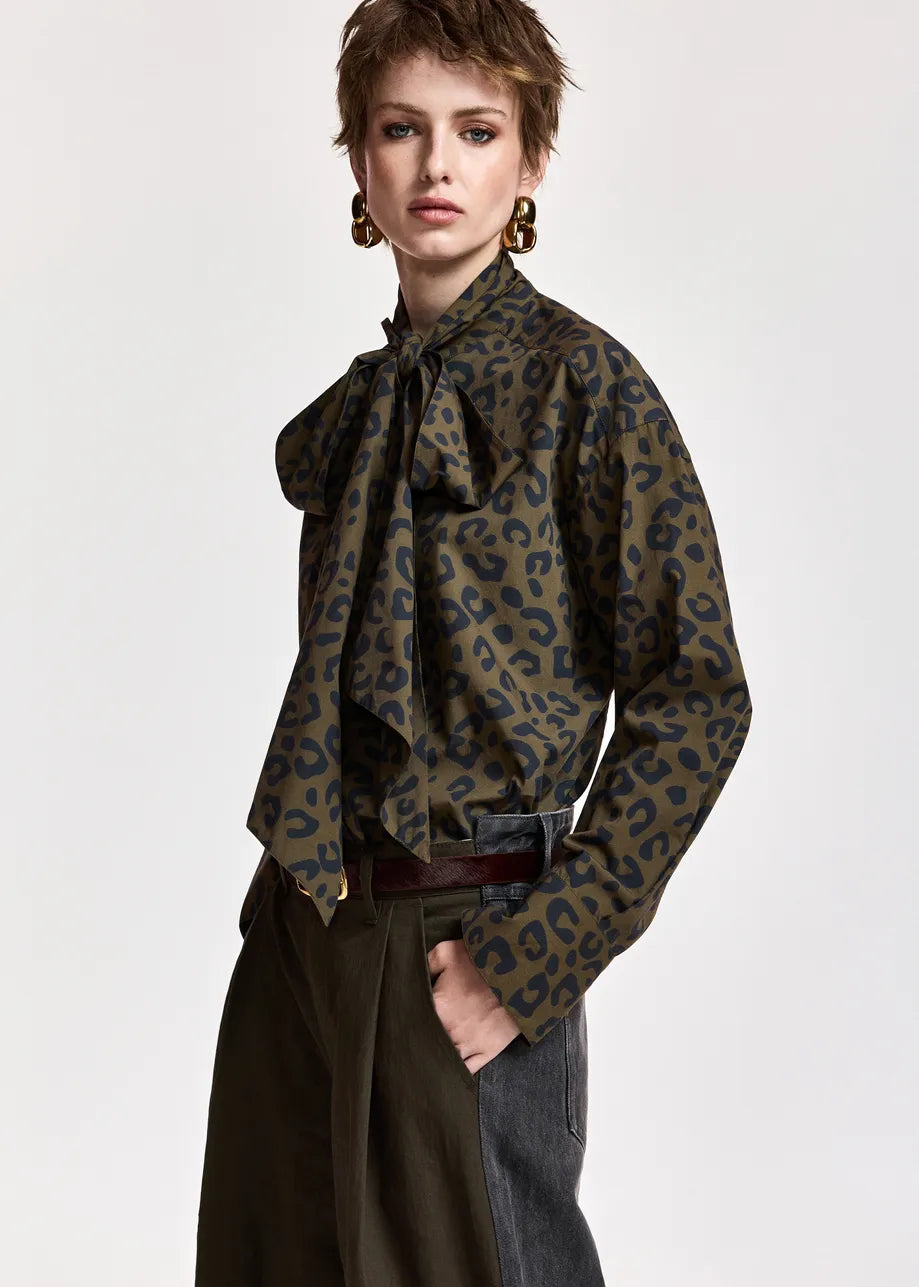 Essentiel Antwerp Khalessi Leopard Pussy-Bow Shirt - Khaki