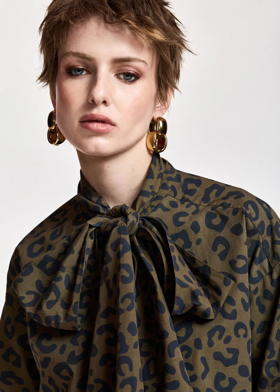 Essentiel Antwerp Khalessi Leopard Pussy-Bow Shirt - Khaki