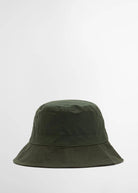Back view in solid olive, seamed crown with rows of topstitching on the brim