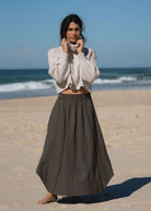 Lilly Pilly Hannah linen skirt in khaki, asymmetric hi-low hem with elasticated waist