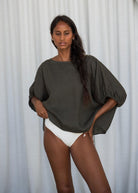 Lilly Pilly Tina linen top in soft khaki, boat neck with elbow-length balloon sleeves
