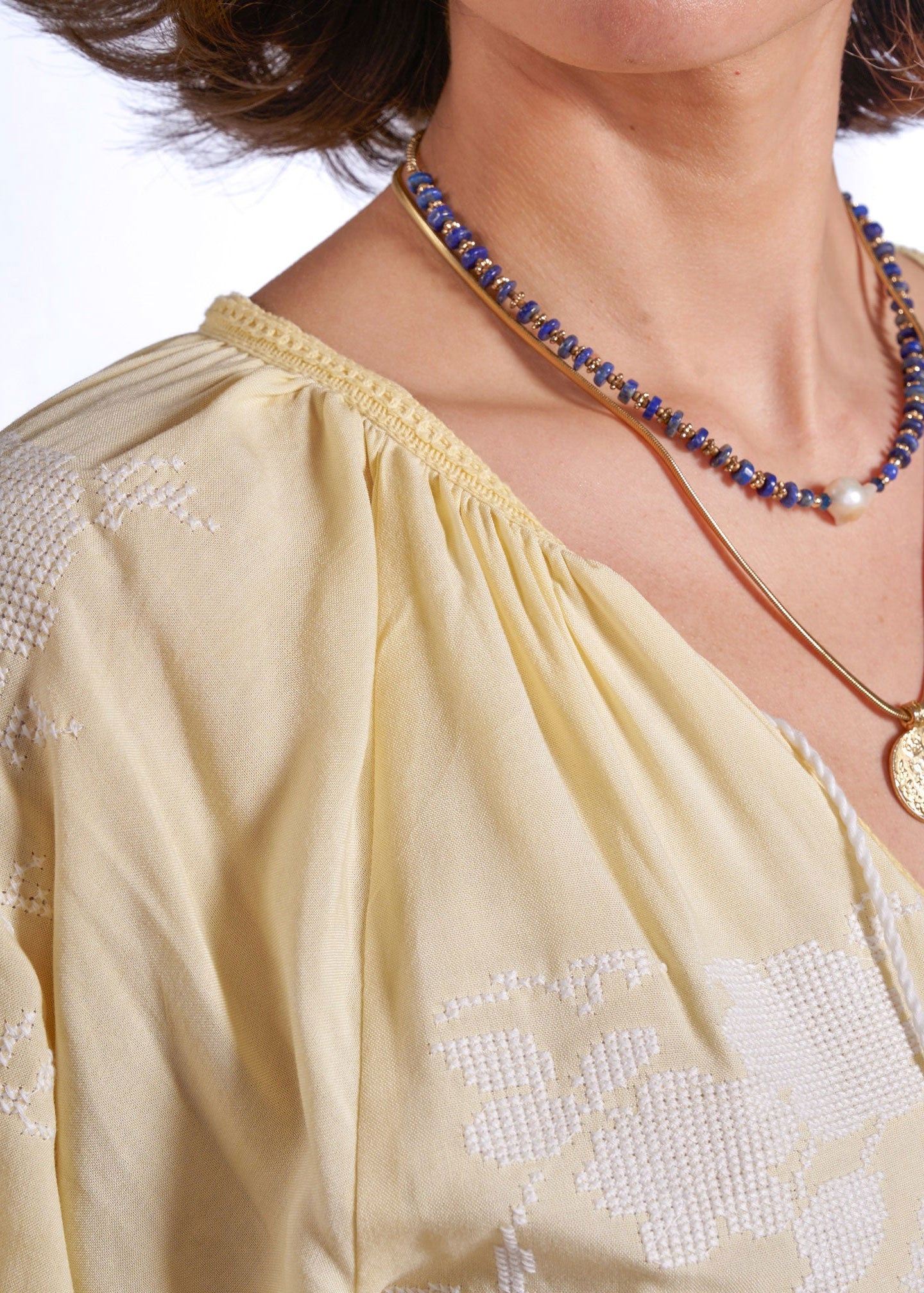 New Day Originals Back neckline detail, fine crochet band tracing the gathered yoke