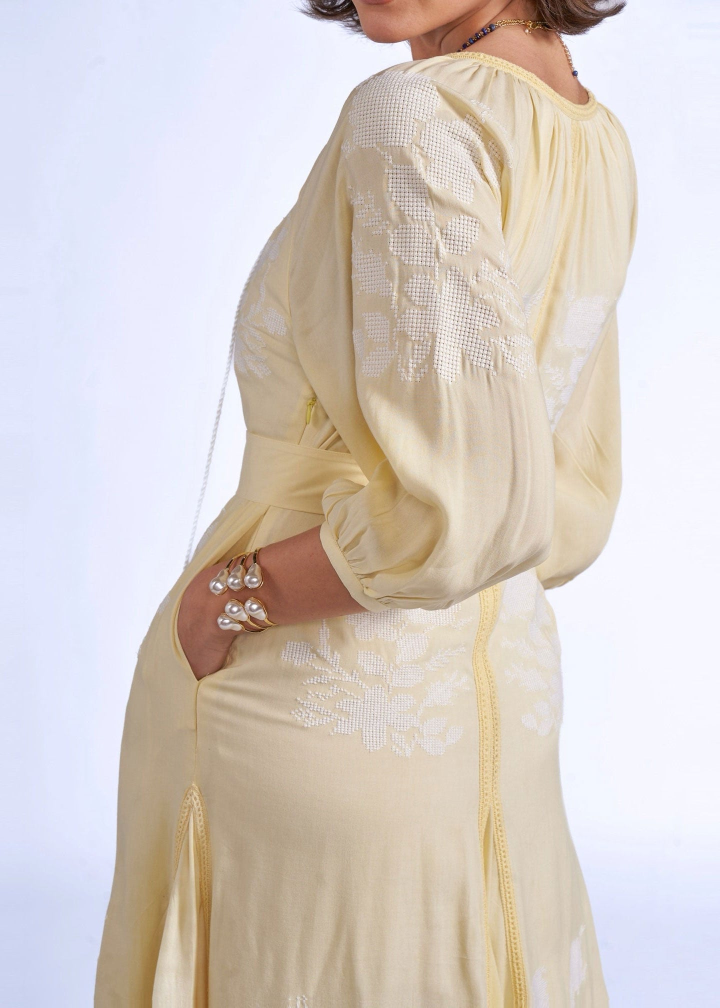 New Day Originals Shoulder close-up, gathered raglan yoke and embroidered balloon sleeve