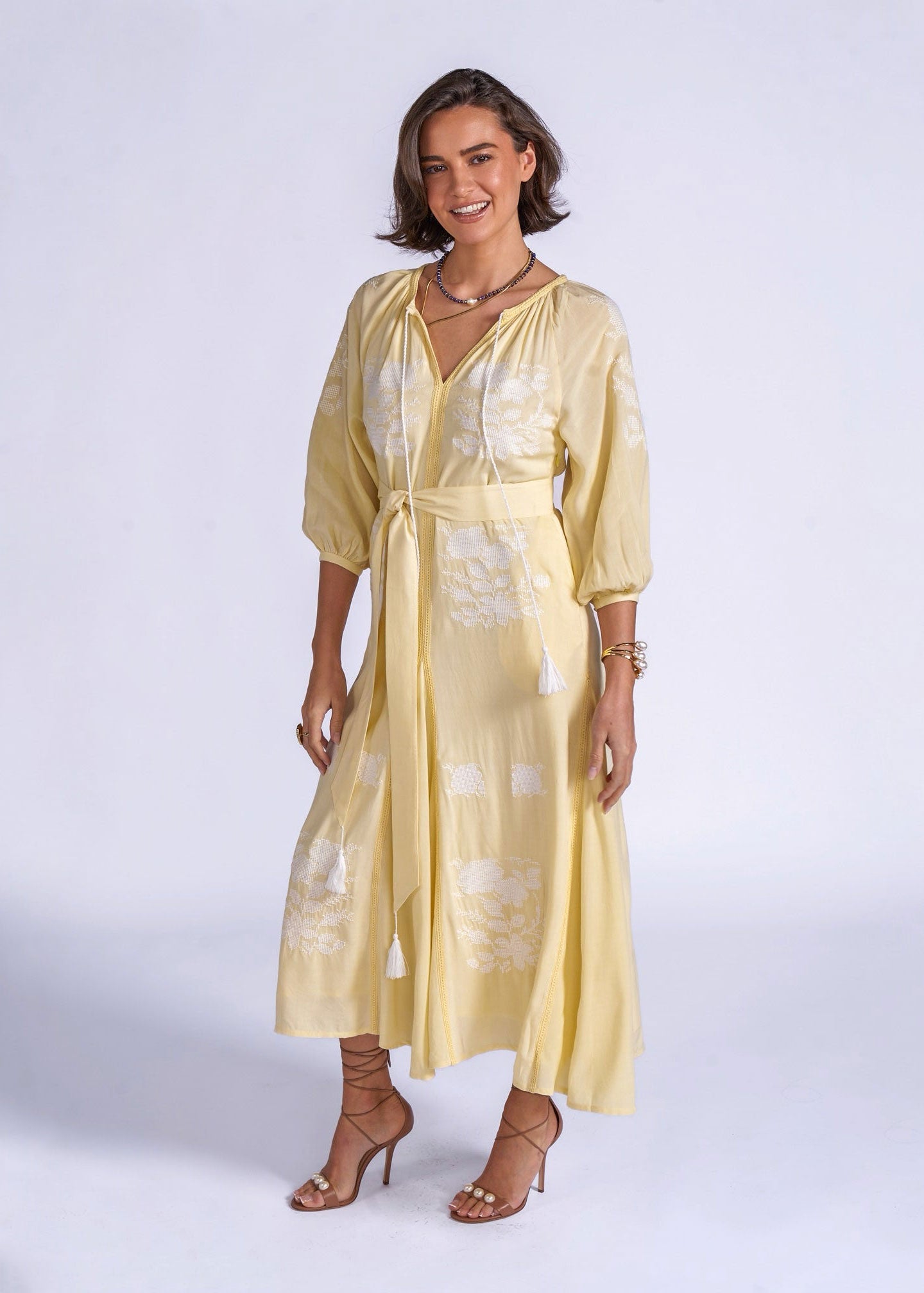 New Day Originals New Day Originals Lyra embroidered maxi dress in lemon yellow with balloon sleeves